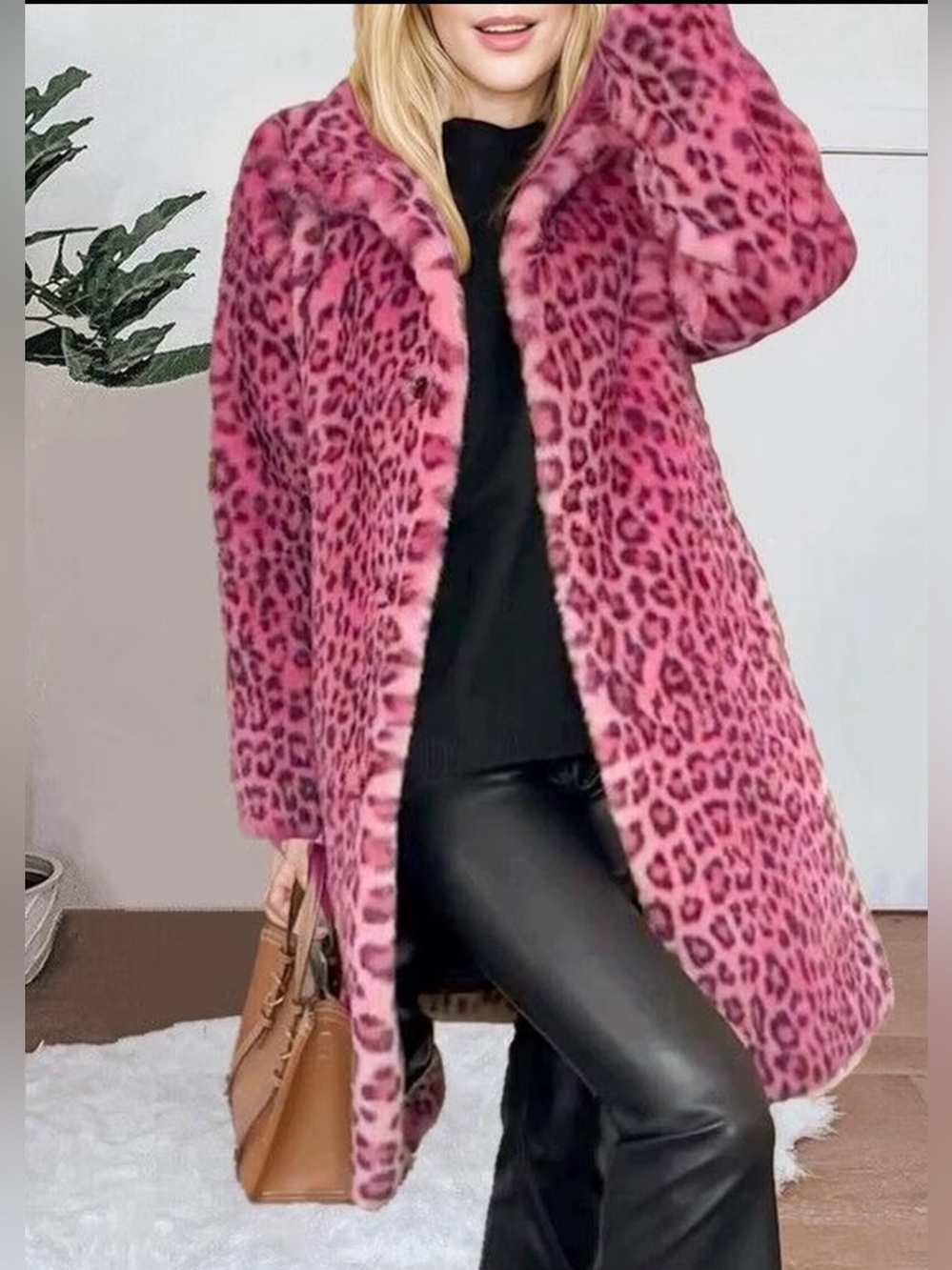 Pink Leopard Print Faux Fur Coat - Stylish Women's Jacket